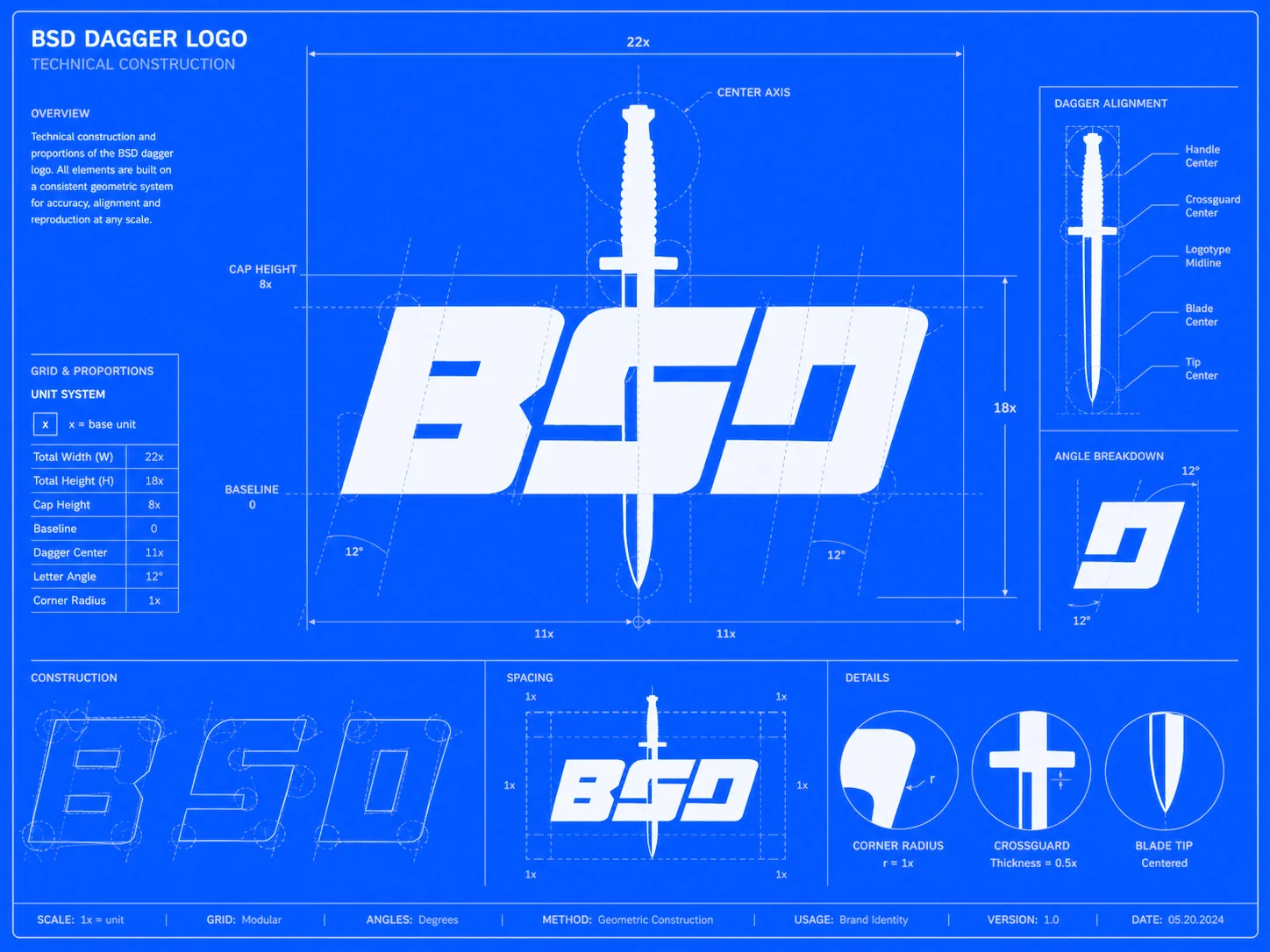 Construction technique du logo en blueprint