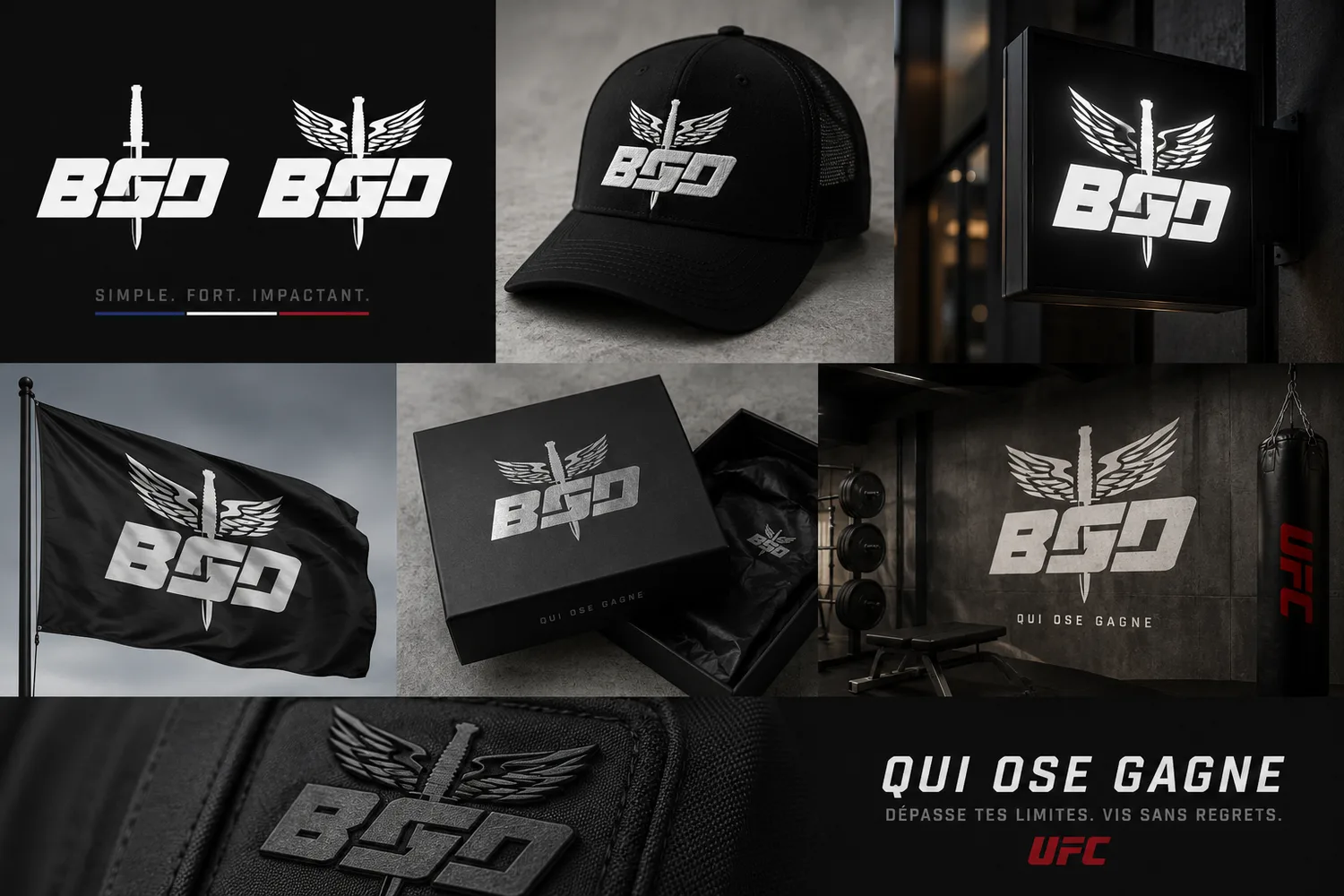 Déclinaisons de la marque : casquette, drapeau, supports