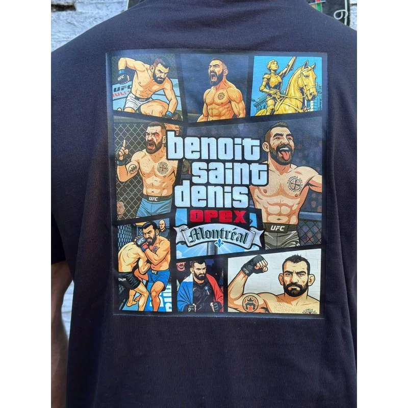 Dos du t-shirt UFC 315 : jaquette façon GTA avec les moments de carrière de BSD