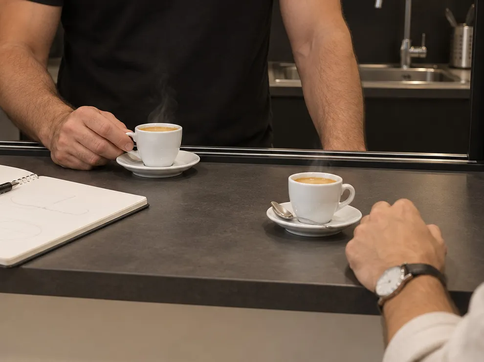 Deux espressos fumants posés sur un comptoir, un carnet de croquis ouvert à côté